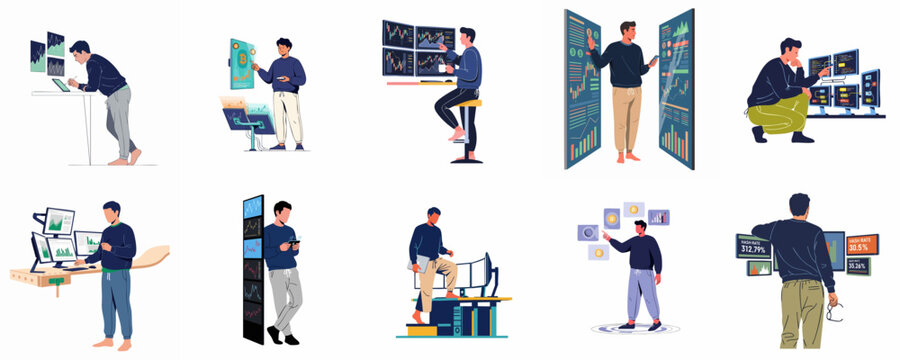 Vector illustration set of men analyzing financial data, charts, and digital screens in modern tech-oriented workspaces