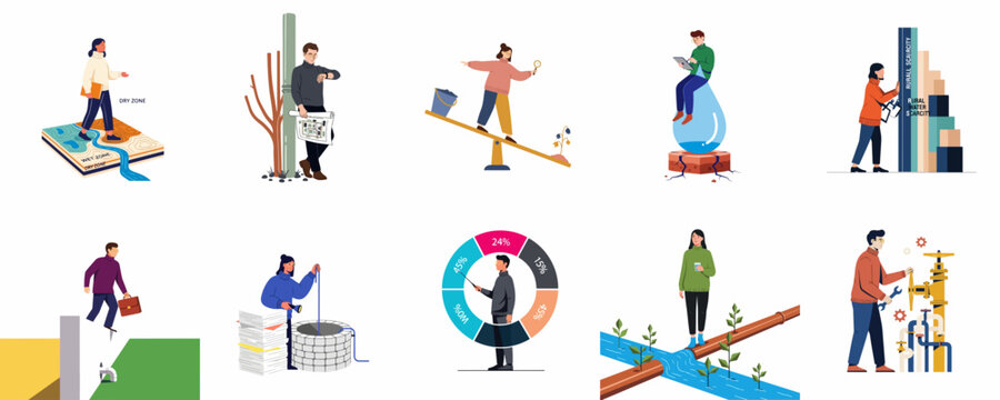 Conceptual Illustration Set Representing Global Water Management, Sustainability, Resource Conservation, and Infrastructure Challenges in Modern Flat Vector Style.