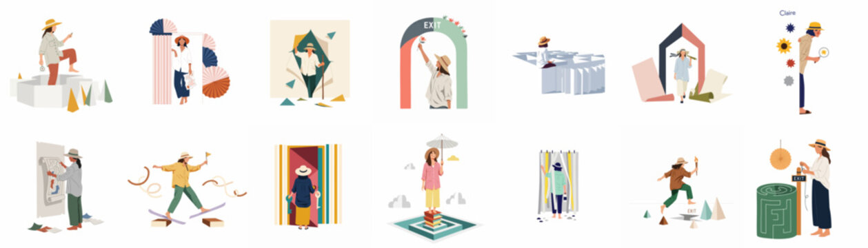 A collection of flat minimalist vector illustrations featuring people engaged in diverse creative, lifestyle, and abstract activities against a clean white background.