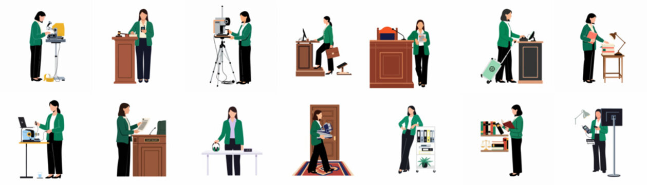 Collection of flat illustrations showing a professional woman in various work environments and job roles, wearing a green blazer and black trousers.
