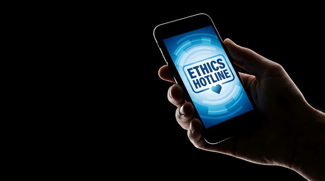 A hand holding a smartphone displaying an ethics hotline interface against a solid black background
