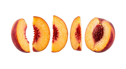Fresh peach fruit slices with vibrant orange flesh and stone isolated on transparent background images. © B o W Graphics