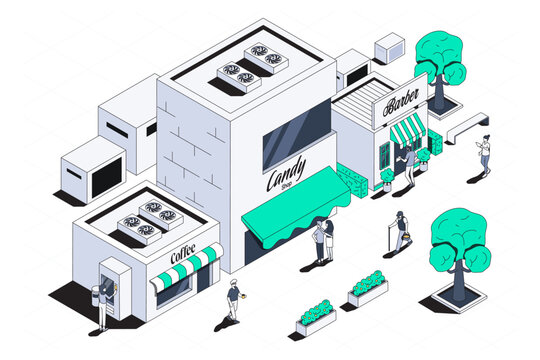 Shopping mall 3d isometric stores concept in isometry graphic design for web. People buying clothes in stores or food in grocery, getting cash in atm, walking at sales areas. Vector illustration.