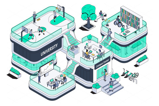 Detailed hand drawn isometric illustration of a modern university and education campus with students, classrooms, library spaces, study areas and campus facilities. Designed for education websites, un