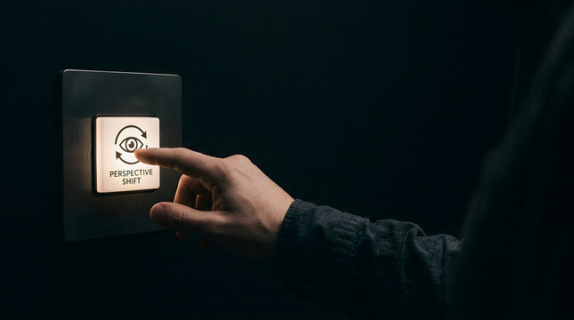 A hand presses a glowing square button with an eye icon with illuminated button mounted