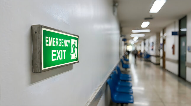 Green emergency exit sign on wall. Hospital corridor with blue waiting chairs. Medical evacuation indicator. Institution safety signage. Hallway background with directional text labels