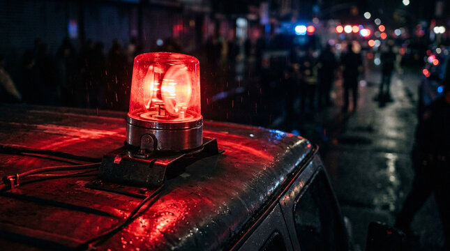 Red emergency siren light on vehicle at night urban scene