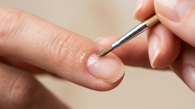 Manicurist applying clear liquid to fingernail