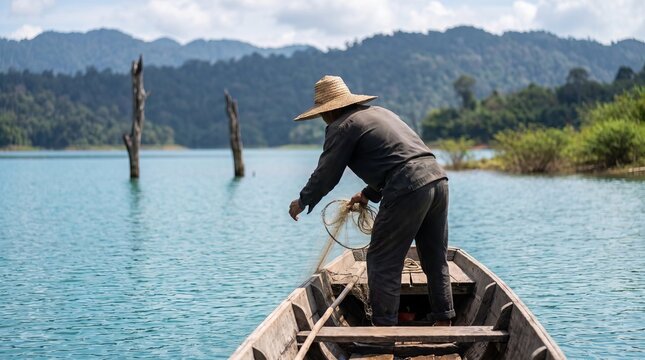 Fisherman standing on a wooden lake boat casting a fishing net, peaceful outdoor fishing scene