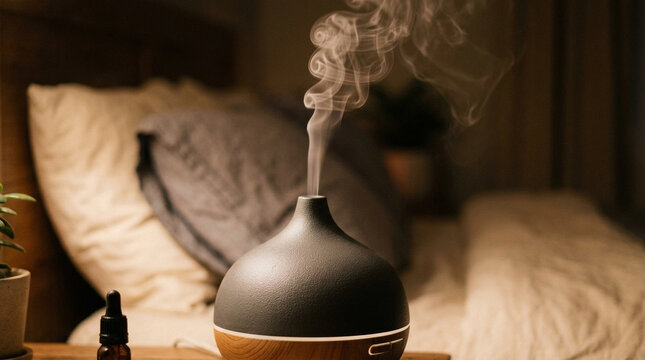 Modern ceramic essential oil diffuser with mist in cozy bedroom