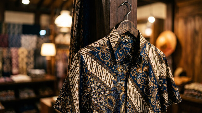 Traditional Indonesian batik shirt on a wooden hanger
