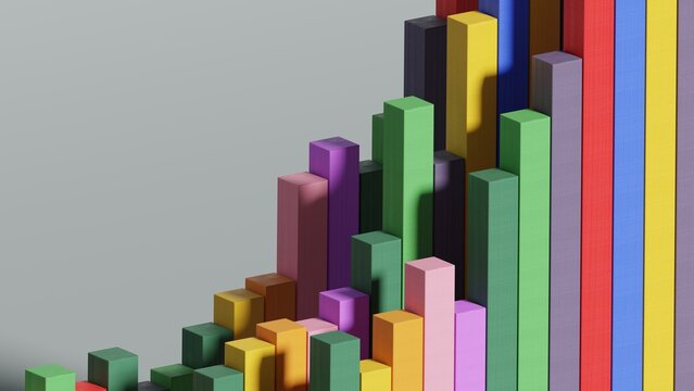 Colorful wooden block bars growing graph abstract business concept close up 3d rendering