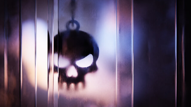 Spooky Halloween skull silhouette behind reflective glass panels.
