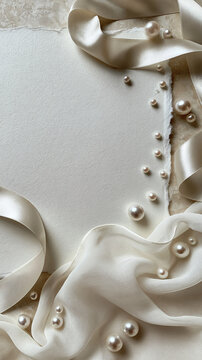 Luxury Ivory Wedding Invitation Background with Blank Handmade Paper, Satin Ribbons, Pearls and Flowing Chiffon Fabric with Elegant Copy Space