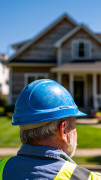 Back View of Construction Contractor in Blue Hard Hat and Safety Vest Inspecting Residential House, Building Supervisor and Home Inspection Concept