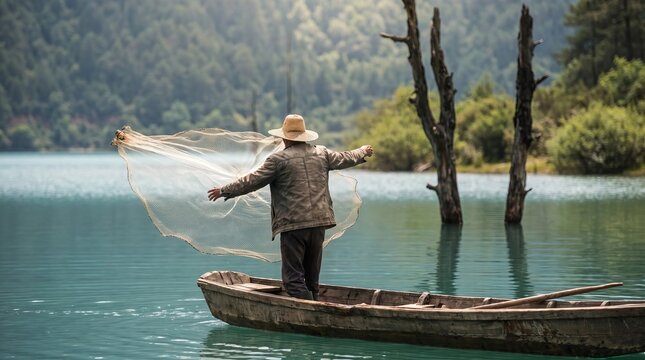 Fisherman standing on a wooden lake boat casting a fishing net, peaceful outdoor fishing scene