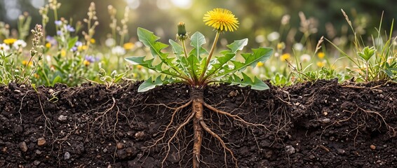 Naklejka premium Dandelion Plant with Deep Roots Growth and Resilience Concept