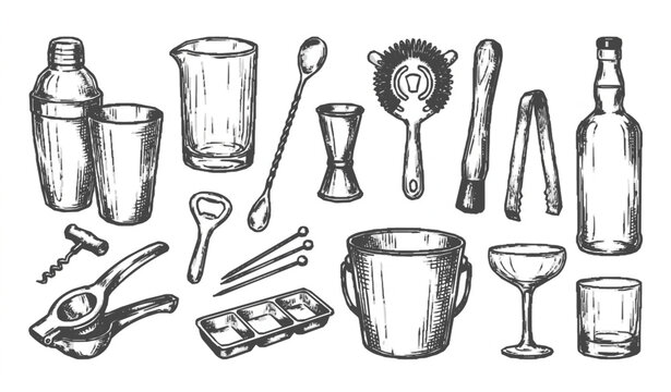 Vintage bartender tools and cocktail accessories hand drawn barware vector set