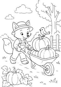 Cute cartoon fox farmer pushing a wheelbarrow full of harvest pumpkins with a little bird. Black and white vector line art for kids autumn coloring book page and KDP worksheets.