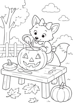 Cute cartoon fox carving a Halloween jack-o-lantern pumpkin outdoors. Black and white vector line art illustration for kids autumn coloring book page, activity sheet, and KDP interior.