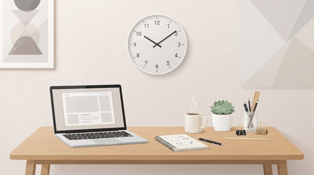 Minimalist wall clock above an organized workspace with laptop, notebook and plant, symbolizing productivity, time management, focus, organization and work efficiency.