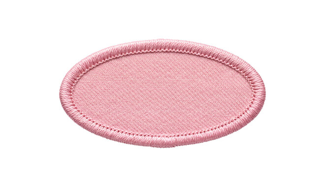Pink embroidered oval patch template with stitched border isolated on transparent background design.
