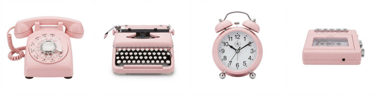Vintage technology collection in pastel pink featuring rotary telephone, manual typewriter, twin bell alarm clock, and cassette player isolated on white for retro lifestyle design
