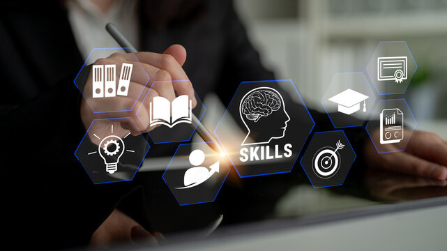 Professional Skills Development with Modern Technology and Learning Concepts Represented by Icons and Graphics for Advancement in Career Opportunities. Glyphic.