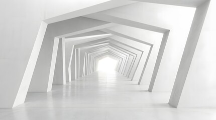 Fototapeta premium Abstract white architectural tunnel with geometric arches and bright light at the end.