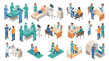 Fototapeta premium comprehensive medical procedure setup with doctors, nurses, patients, and advanced imaging technologies in a modern hospital