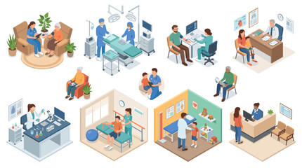 Fototapeta premium Diverse Healthcare and Therapy Environments Showcasing Patient-Doctor Interactions and Medical Procedures in Modern Clinics