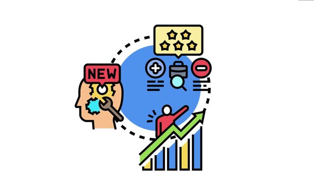 Kaizen concept continuous improvement. Featuring a human head solving problems with a wrench. Plusminus icons. A briefcase magnifying glass. Star ratings