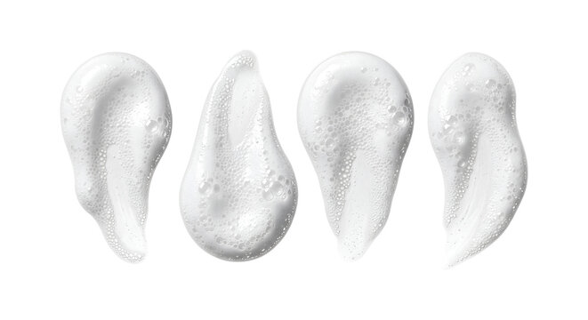 White cosmetic soap foam bubbles set isolated on transparent background for skincare product marketing.