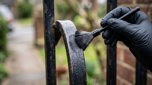 Close-up of a forensic expert wearing black rubber gloves using a dusting brush to reveal a latent fingerprint on a black metal fence handle.