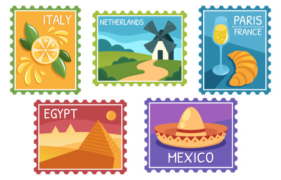 Country travel postcards in vintage illustration style with European landmarks and architecture. Retro poster designs of famous landscapes, stamps and tourism banners for adventures.
