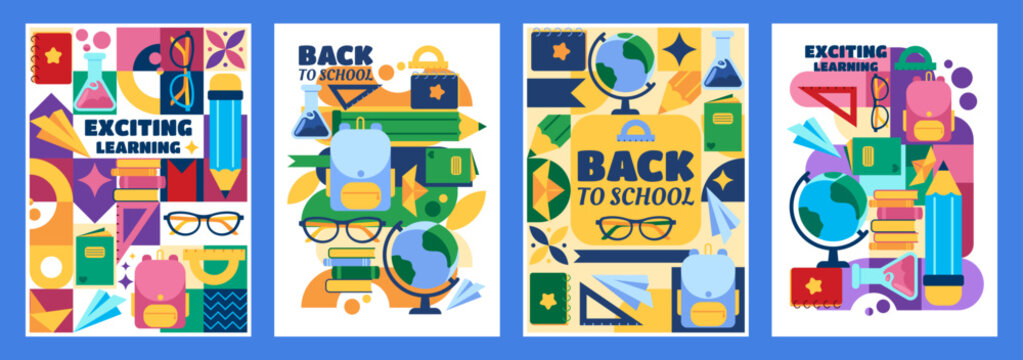 Back to school poster with book illustrations and flat geometric patterns. Cartoon vector design with education icons, simple notebooks, globes and creative stationery for student flyers.