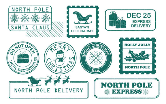 Christmas stamp collection with north pole santa post holiday design. Postage vectors with festive border elements and happy new year signs. Traditional postal graphics with retro reindeer sleigh.