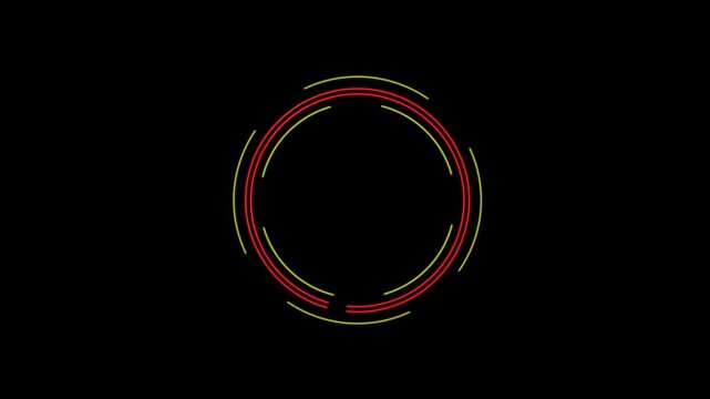A segmented circular ring rotates smoothly against a black background, creating an abstract loading animation with subtle red and gold accents