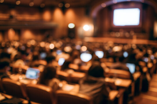 Blurred University Lecture Hall with Students Using Laptops, Projector Screen and Warm Lights, Abstract Business Education and Academic Conference Background