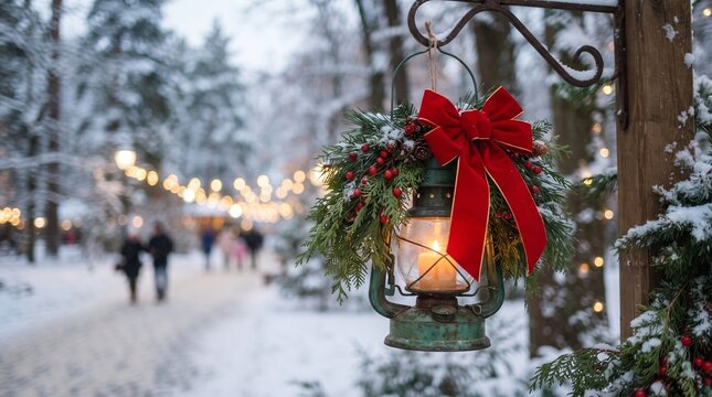 A picturesque winter scene captures the magic of christmas with snow covered streets and festive decorations
