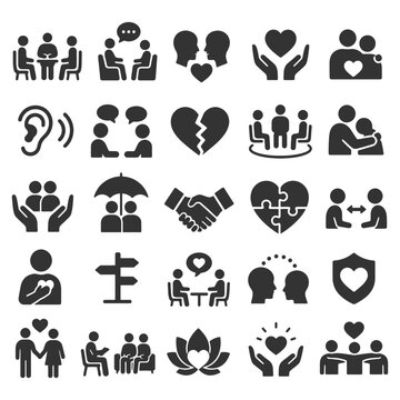 Icons representing communication, relationships, empathy, and support.