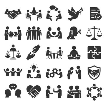 Business and communication icons: teamwork, collaboration, negotiation, justice, peace, discussion.
