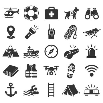 Collection of emergency and outdoor adventure icons.