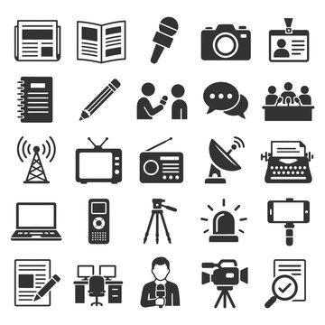 Icons of media and communication: microphone, camera, laptop, television, radio.