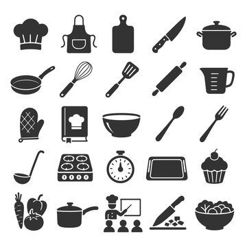 Kitchen utensils and cooking tools icons collection.