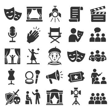 Set of theater and cinema icons including masks, stage, director chair, clapperboard, and lights.