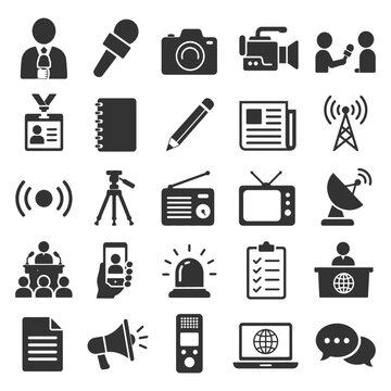 Media and communication icons: microphone, camera, news, broadcasting, interview.
