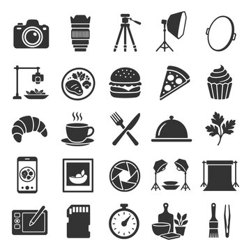 Photography and culinary icons: camera, tripod, food, and kitchen utensils collection.