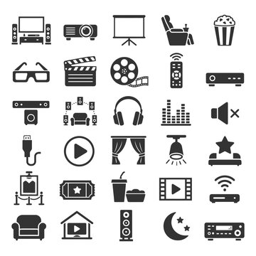Home theater entertainment icons set with projector, headphones, remote, speakers, and popcorn.