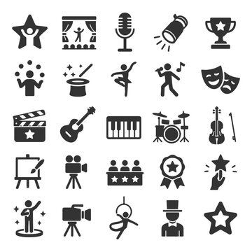 Entertainment icons: microphone, guitar, spotlight, dance, drama masks, music, art, film, magic.